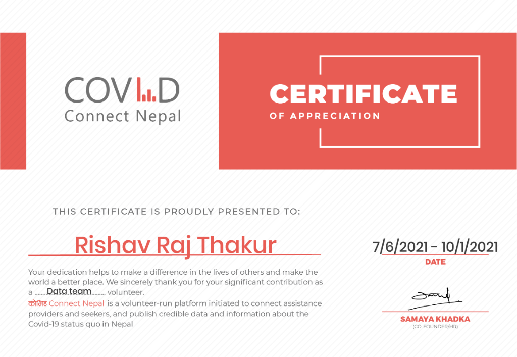 COVID Connect Nepal Certificate of Appreciation